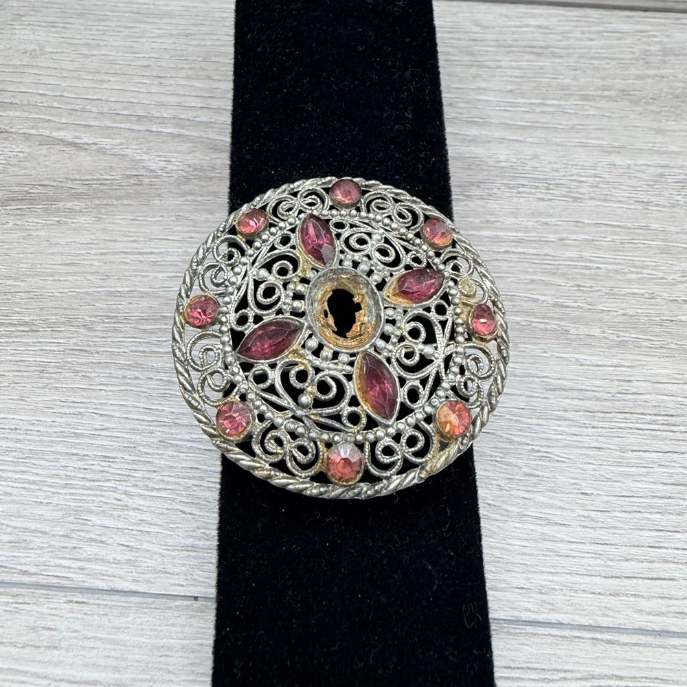 Elegant Silver Tone and Pink Brooch